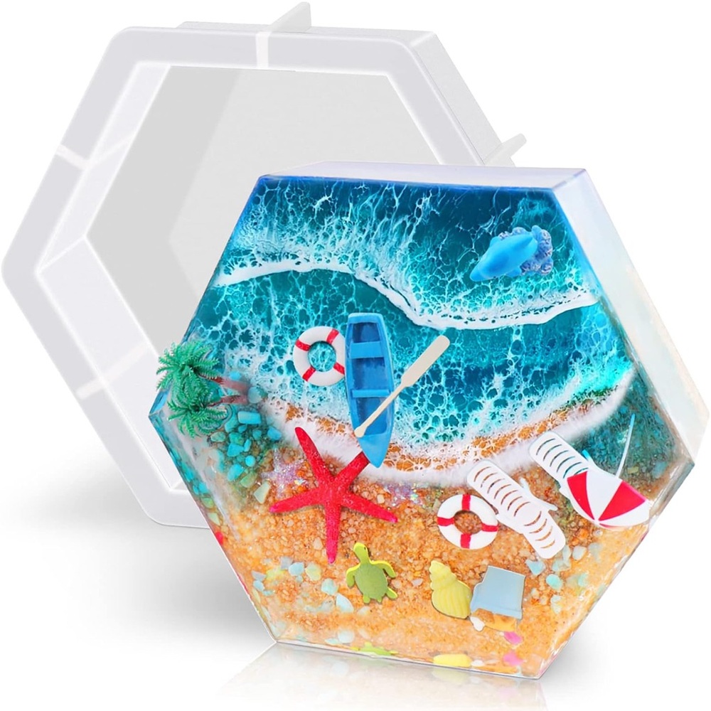 NEW XL Hexagon Silicone Mold DIY Crafting Resin +Mica Shells Sand More Bundle